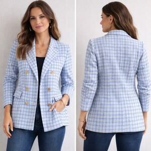 Women’s Blue Tweed Blazer Jacket Double Breasted Gold Buttons Lightweight Size L